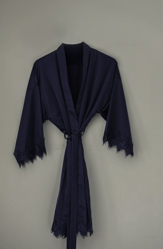 Navy bridesmaid robe lace trim - bridesmaid,